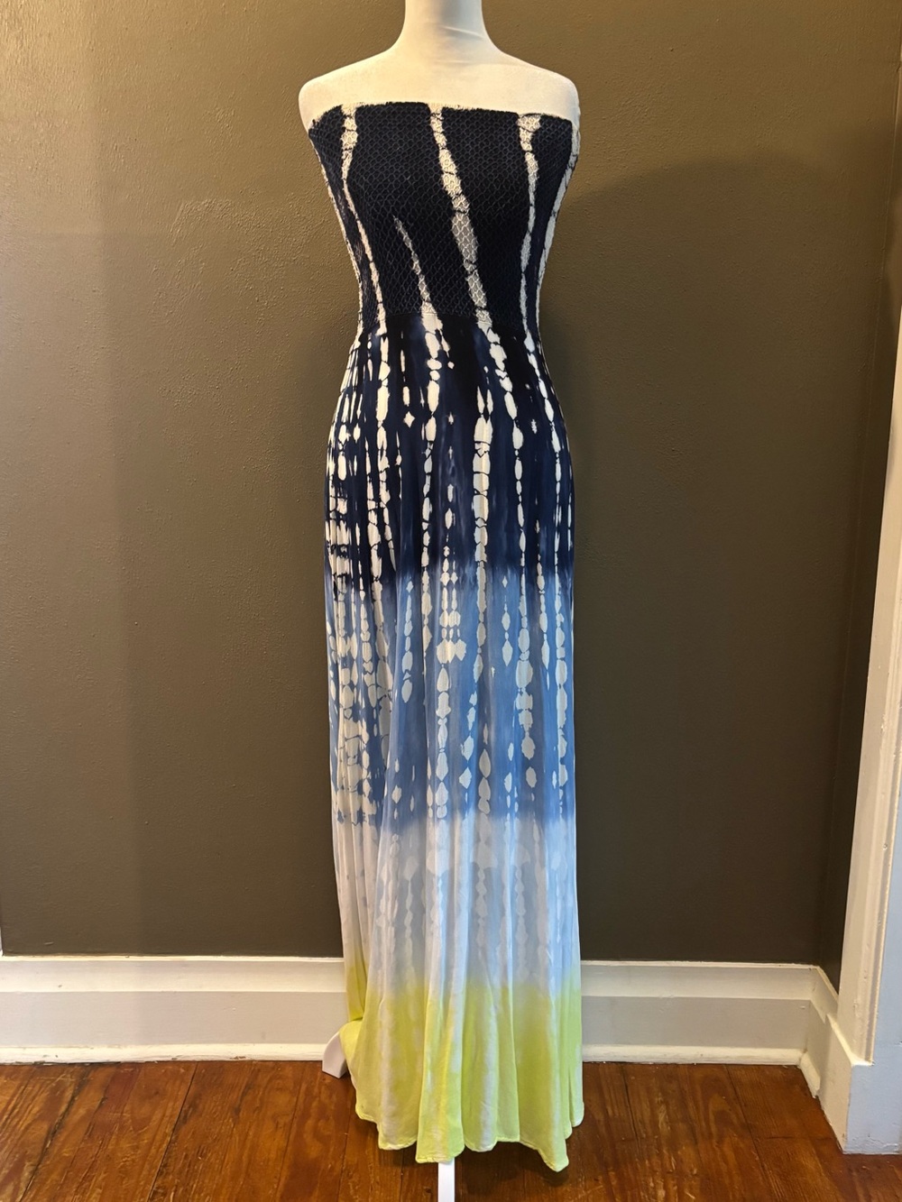 Young Fabulous & Broke Strapless Tie-Dye Maxi Dress in Navy, White & Lime
